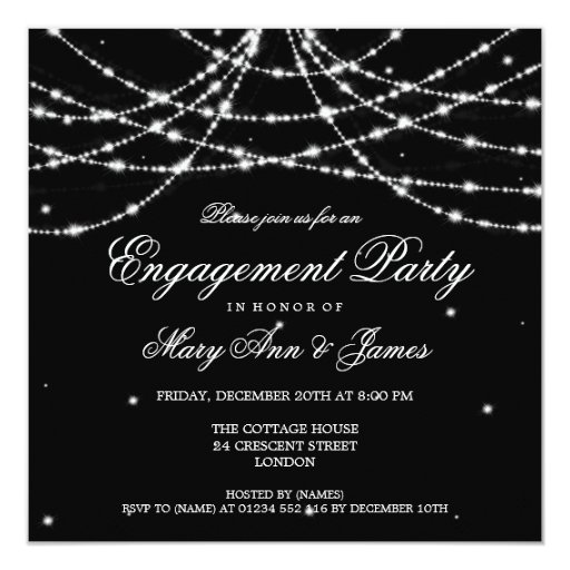 Elegant Engagement Party Sparkling String Black 5.25x5.25 Square Paper Invitation Card (front side)