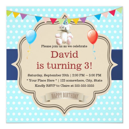 Sweet Spots Mint Blue Teddy Bear Birthday Party 5.25x5.25 Square Paper Invitation Car...