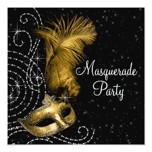 Elegant Black and Gold Masquerade Party 5.25x5.25 Square Paper Invitation Card (front side)