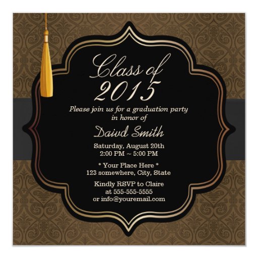 Classy Black Ribbon Brown Damask Graduation Party 5.25x5.25 Square Paper Invitation Card (front side)
