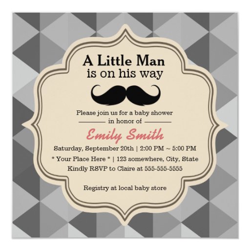 Modern Triangle Quilts Mustache Boy Baby Shower 5.25x5.25 Square Paper Invitation Car...