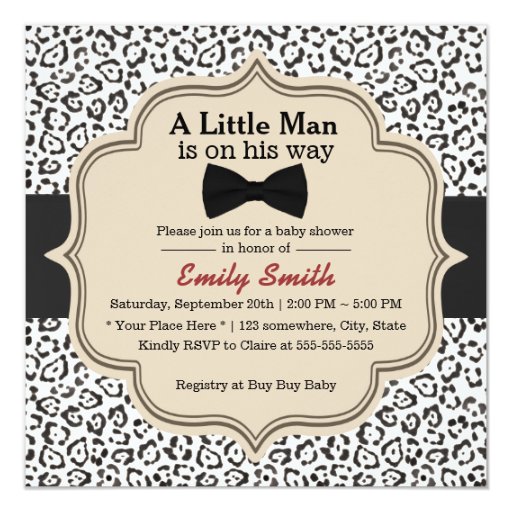 Simple Bow Tie Snow Leopard Print Baby Shower 5.25x5.25 Square Paper Invitation Card (front side)