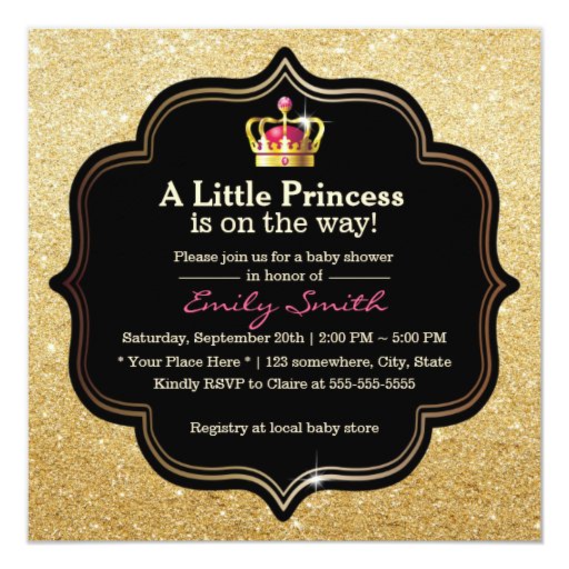 Chic Gold Glitter Little Princess Girl Baby Shower 5.25x5.25 Square Paper Invitation ...