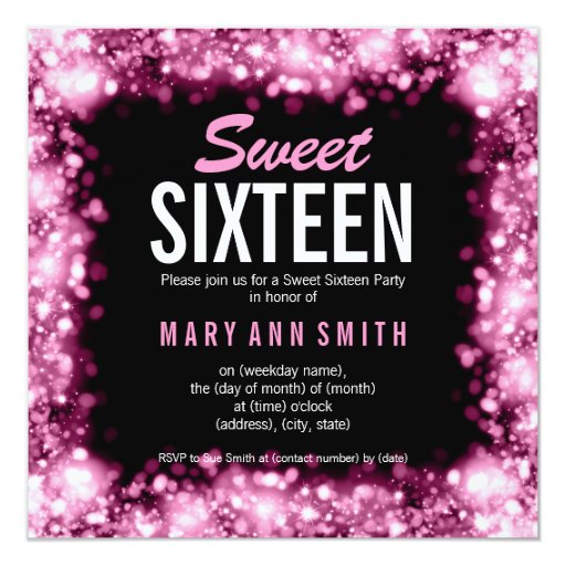 Elegant Sweet Sixteen Party Sparkling Lights Pink 5.25x5.25 Square Paper Invitation Card (front side)