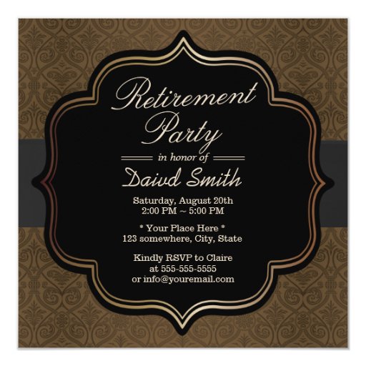 Formal Black Ribbon Brown Damask Retirement Party 5.25x5.25 Square Paper Invitation Card (front side)