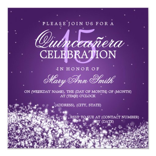 Elegant Quinceanera Party Sparkling Wave 2 Purple 5.25x5.25 Square Paper Invitation C...