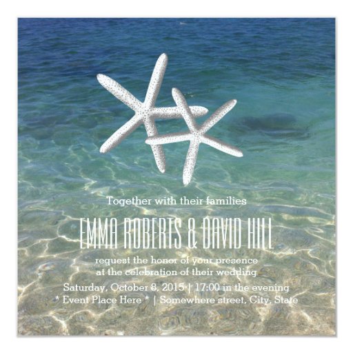 Pair of Starfish Tropical Beach Wedding 5.25x5.25 Square Paper Invitation Card (front side)