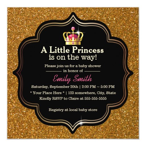 Luxury Gold Glitter Little Princess Baby Shower 5.25x5.25 Square Paper Invitation Car...