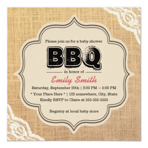 Rustic Lace & Burlap Baby Shower BBQ Party 5.25x5.25 Square Paper Invitation Card (front side)