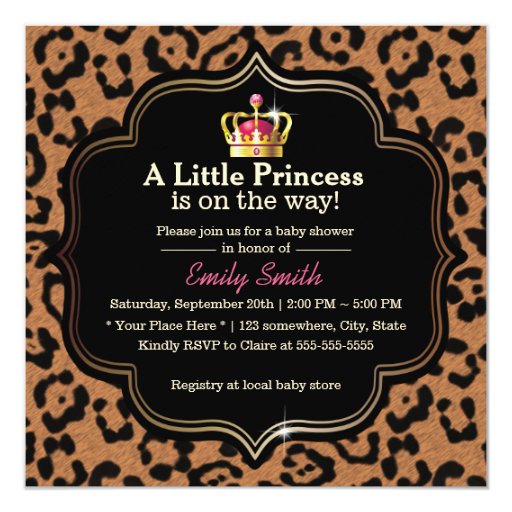 Little Princess Crown Leopard Print Baby Shower 5.25x5.25 Square Paper Invitation Car...
