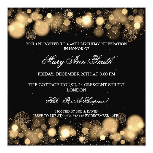 Elegant Winter 40th Birthday Party Gold 5.25x5.25 Square Paper Invitation Card (front side)