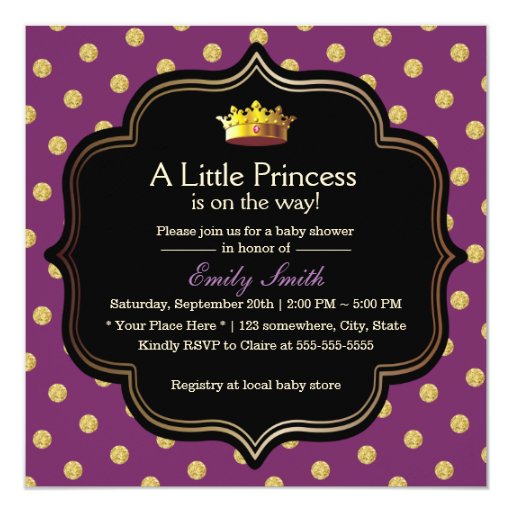 Chic Pueple & Gold Dots Princess Girl Baby Shower 5.25x5.25 Square Paper Invitati...