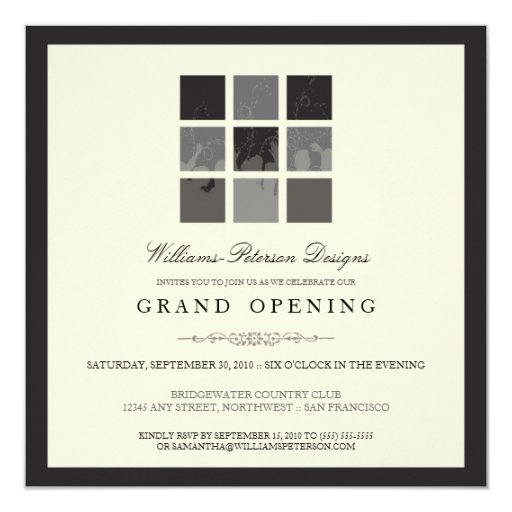 {TBA} Modern Blocks Grand Opening Invite (black) 5.25" Square Invitation Card (front side)
