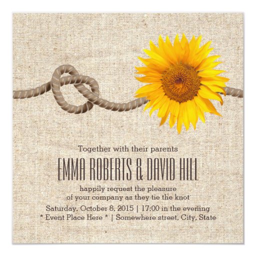 Country Sunflower & Twine Knot Burlap Wedding 5.25x5.25 Square Paper Invitation Card (front side)