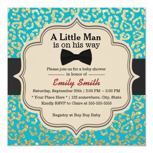 Vintage Teal & Gold Leopard Bow Tie Baby Shower 5.25x5.25 Square Paper Invitation...
