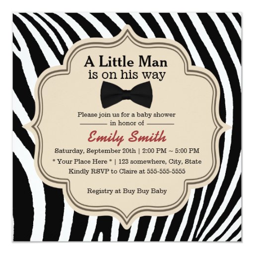 Simple Zebra Stripes Bow Tie Boy Baby Shower 5.25x5.25 Square Paper Invitation Card