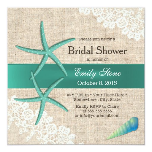 Teal Seashell & Starfish Burlap Bridal Shower 5.25x5.25 Square Paper Invitation Card (front side)