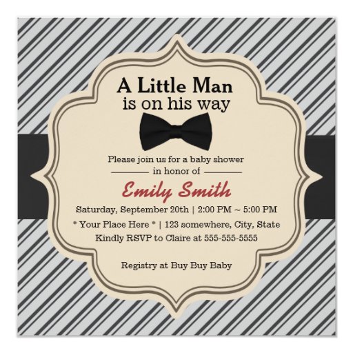 Classy Stripes Bow Tie Little Man Baby Shower 5.25x5.25 Square Paper Invitation Card