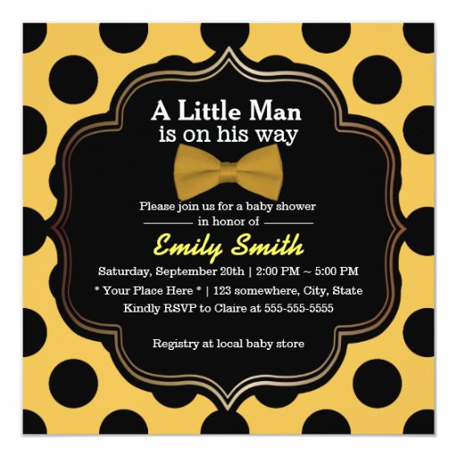Yellow Bow Tie Polka Dots Little Man Baby Shower 5.25x5.25 Square Paper Invitation Card (front side)