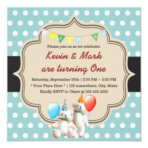 Sweet Polka Dots Bear Twins Birthday 5.25x5.25 Square Paper Invitation Card (front side)