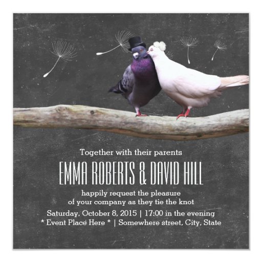 Classy Love Birds & Dandelion Chalkboard Wedding 5.25x5.25 Square Paper Invitation Card (front side)
