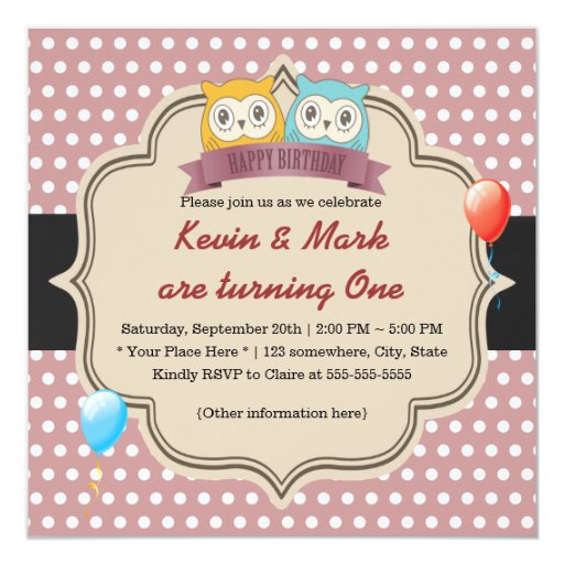 Cute Owl Twins Polka Dots Birthday Party 5.25x5.25 Square Paper Invitation Card