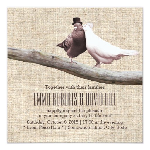 Vintage Love Birds on Branch Burlap Wedding 5.25x5.25 Square Paper Invitation Card