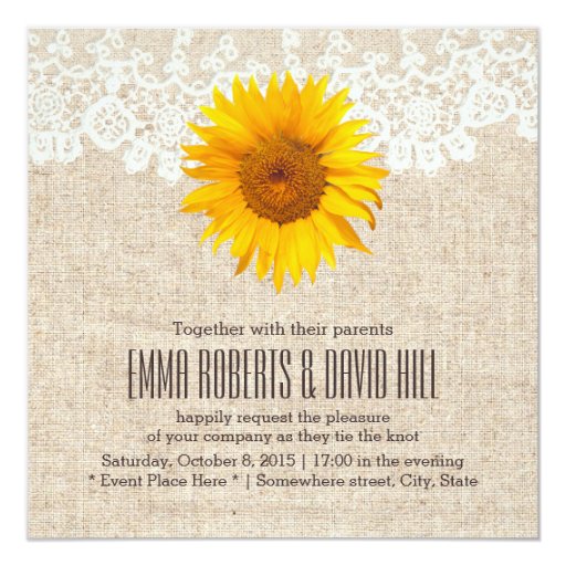 Rustic Lace Burlap Country Sunflower Wedding 5.25x5.25 Square Paper Invitation Card