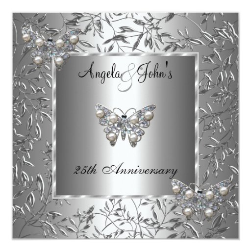 25th Anniversary Elegant Silver Floral Butterfly 5.25x5.25 Square Paper Invitation Ca...