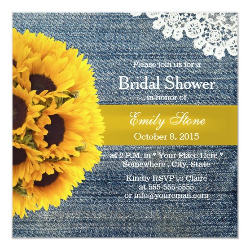 Country Sunflowers Blue Jeans Bridal Shower 5.25x5.25 Square Paper Invitation Card (front side)