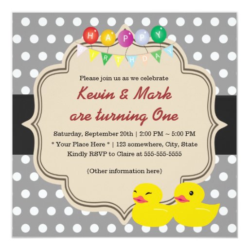 Classy Gray Polka Dots Rubber Ducky Twins Birthday 5.25x5.25 Square Paper Invitation Card (front side)