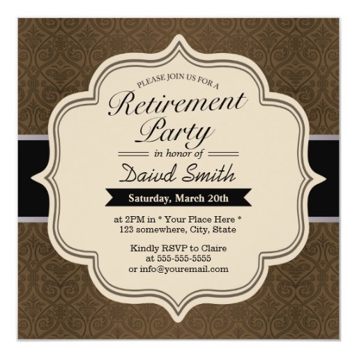 Classy Brown Damask Retirement Party Invitations 5.25" Square Invitation Card (front side)