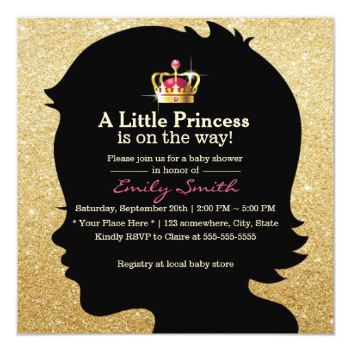 Little Girl Silhouette Gold Glitter Baby Shower 5.25x5.25 Square Paper Invitation Car...