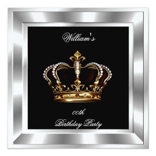 Men's Elegant Black Silver Birthday Prince King 5.25x5.25 Square Paper Invitation...