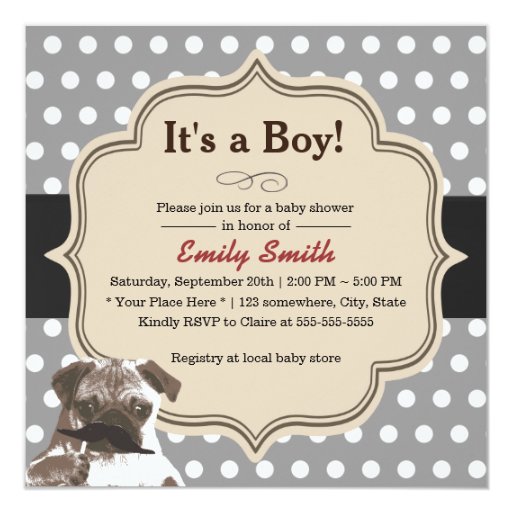 Cute Mustache Pug Polka Dots Baby Shower 5.25x5.25 Square Paper Invitation Card