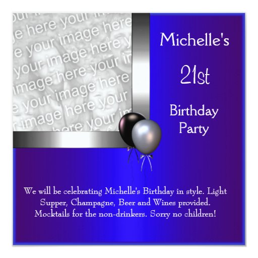 Elegant Photo Blue Silver Balloon 21st Birthday 5.25x5.25 Square Paper Invitation Card (front side)