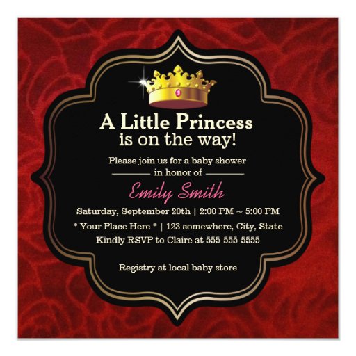 Royal Red Velvet Little Princess Crown Baby Shower 5.25x5.25 Square Paper Invitation ...