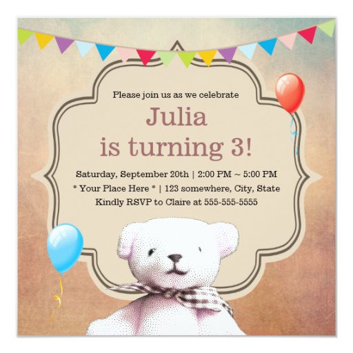 Cute Stippling Teddy Bear 3rd Birthday Party 5.25x5.25 Square Paper Invitation Card