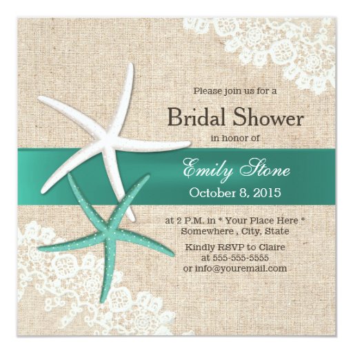 Classy Teal Starfish Lace & Burlap Bridal Shower 5.25x5.25 Square Paper Invitatio...