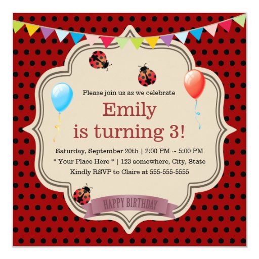 Cute Black Spots Ladybug Birthday Party 5.25x5.25 Square Paper Invitation Card (front side)
