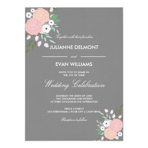 Elegant floral wedding invitation - gray 5.5" x 7.5" invitation card