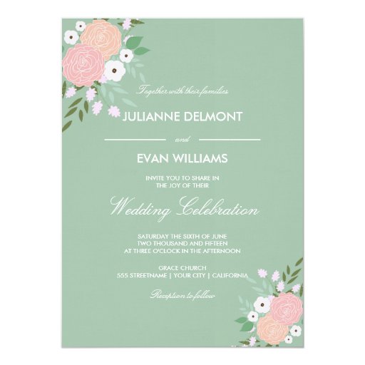 Elegant Floral Wedding Invitation - mint 5.5" X 7.5" Invitation Card