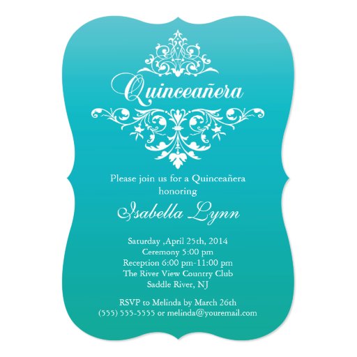 Elegant Turquoise Blue Ombre Quinceañera Party 5x7 Paper Invitation Card
