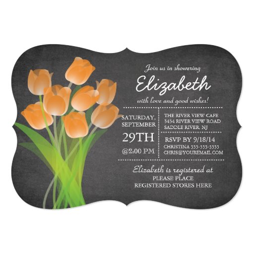 Modern Chalkboard Orange Tulip Bridal Shower 5x7 Paper Invitation Card (front side)