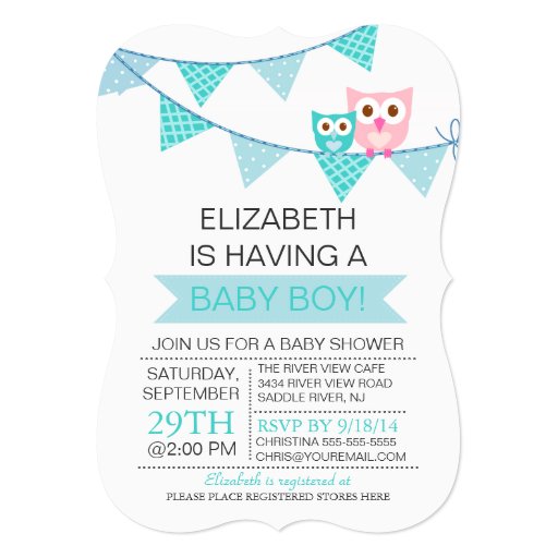 Modern Blue Bunting Pennant Owl Boy Baby Shower 5x7 Paper Invitation Card (front side)