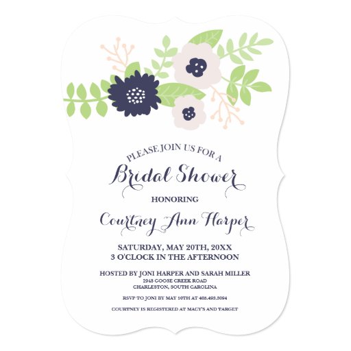 Modern Floral Bridal Shower (Navy Blue and Cream) 5x7 Paper Invitation Card