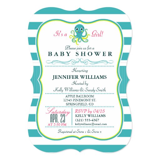 Turquoise & Yellow Octopus Baby Shower Invitation 5" X 7" Invitation Card (front side)