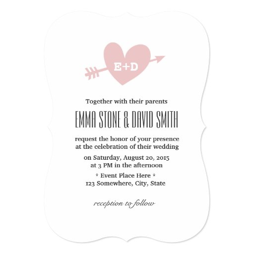 Simple Pink Heart & Arrow Love Wedding Invitations 5" X 7" Invitation Card (front side)