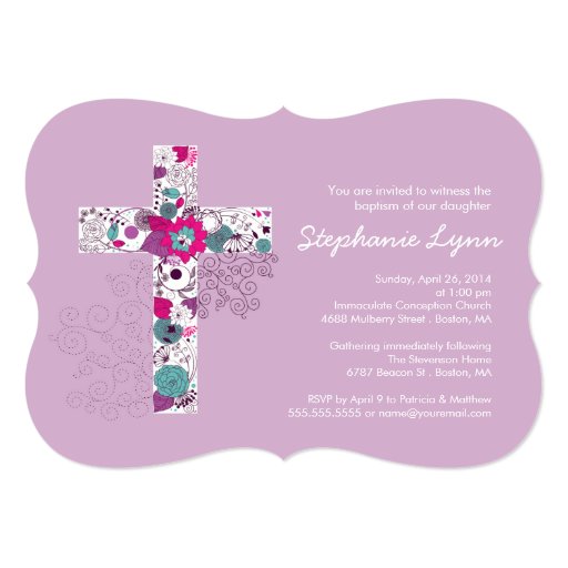 Modern Pink Floral Cross Girls Baptism Invitation 5" X 7" Invitation Card (front side)