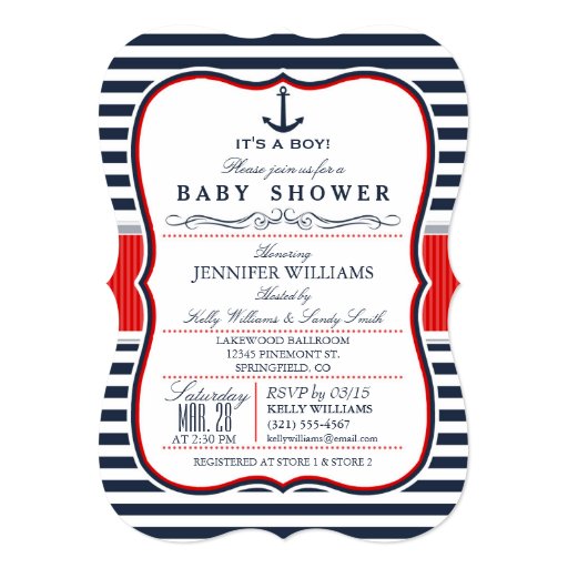 Elegant Nautical Baby Shower Invite; Navy and Red 5" X 7" Invitation Card (front side)